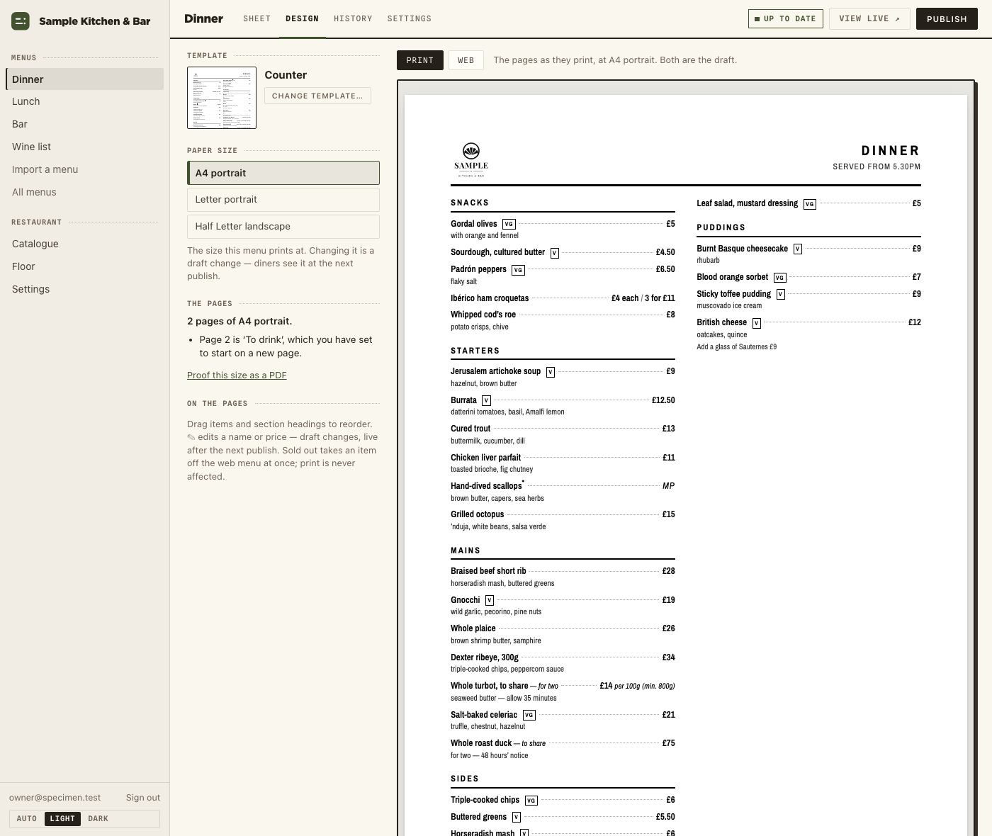 The KORT design view: the template and the paper sizes down the side, ‘5 pages of A4 portrait’, and page one of the Dinner menu beside them