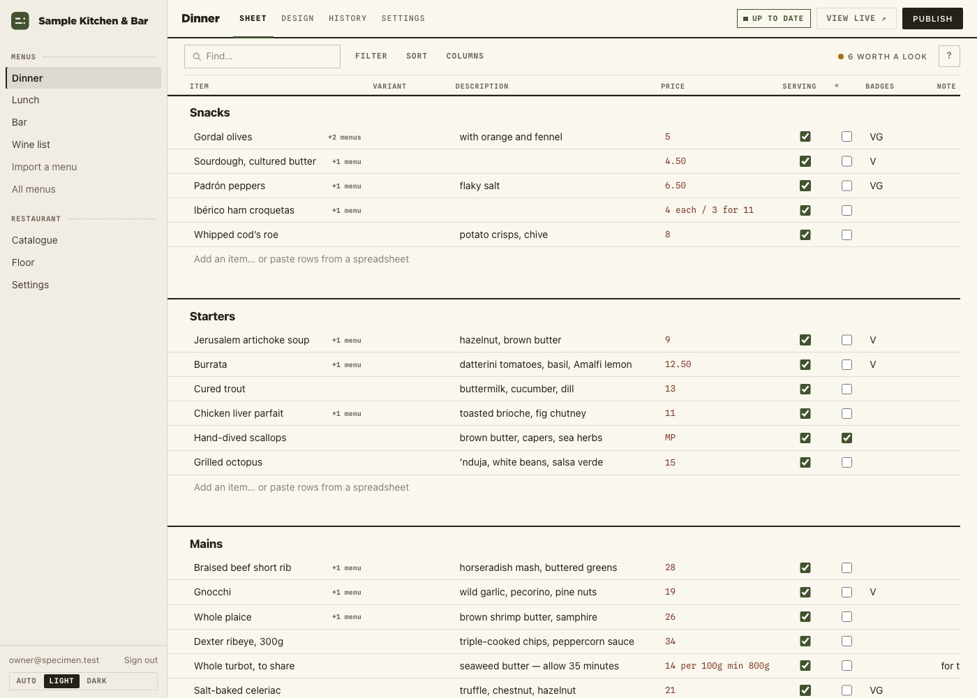 The KORT sheet: a spreadsheet of the Dinner menu, one row per dish, with columns for variant, description, price, serving and badges