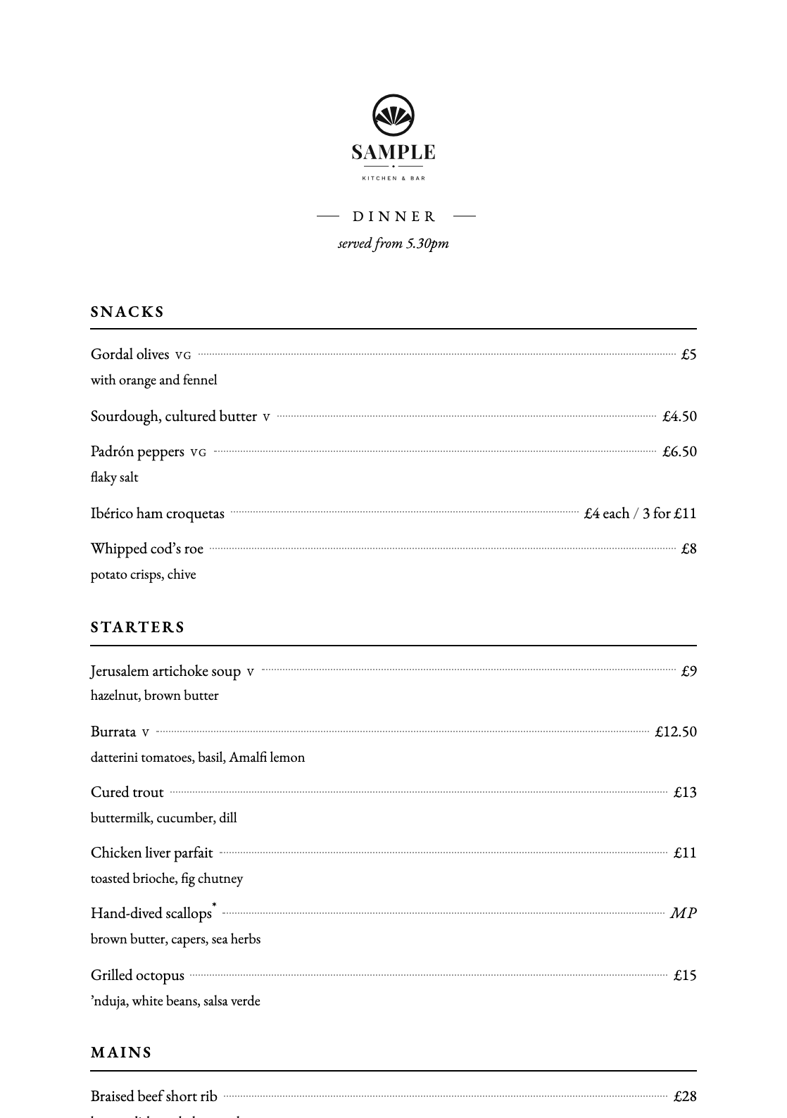 A bar menu set in the Default template — a classical serif with dotted leaders
