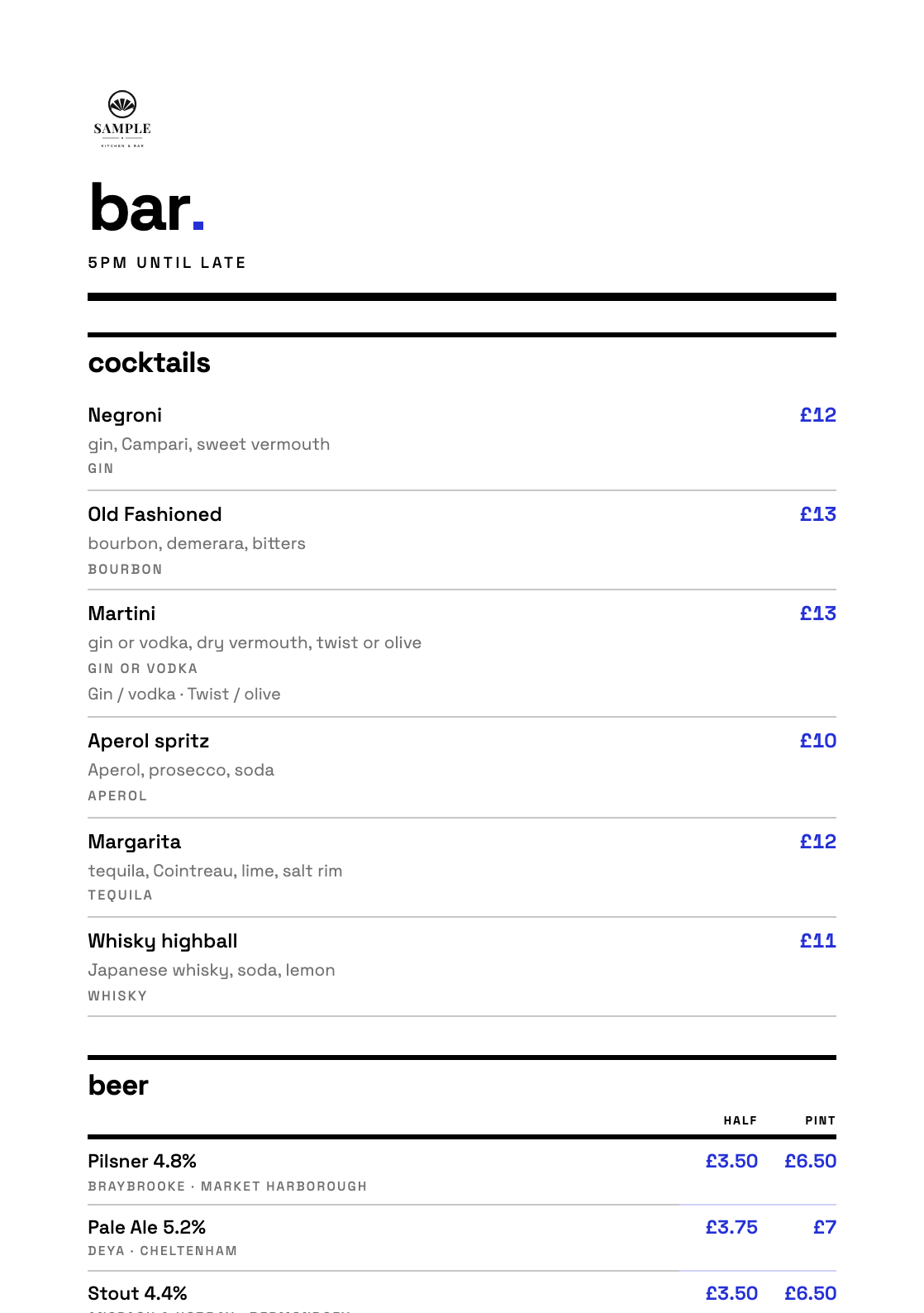 A bar menu set in the Studio template — a bold grotesk on ruled lines, prices in ultramarine