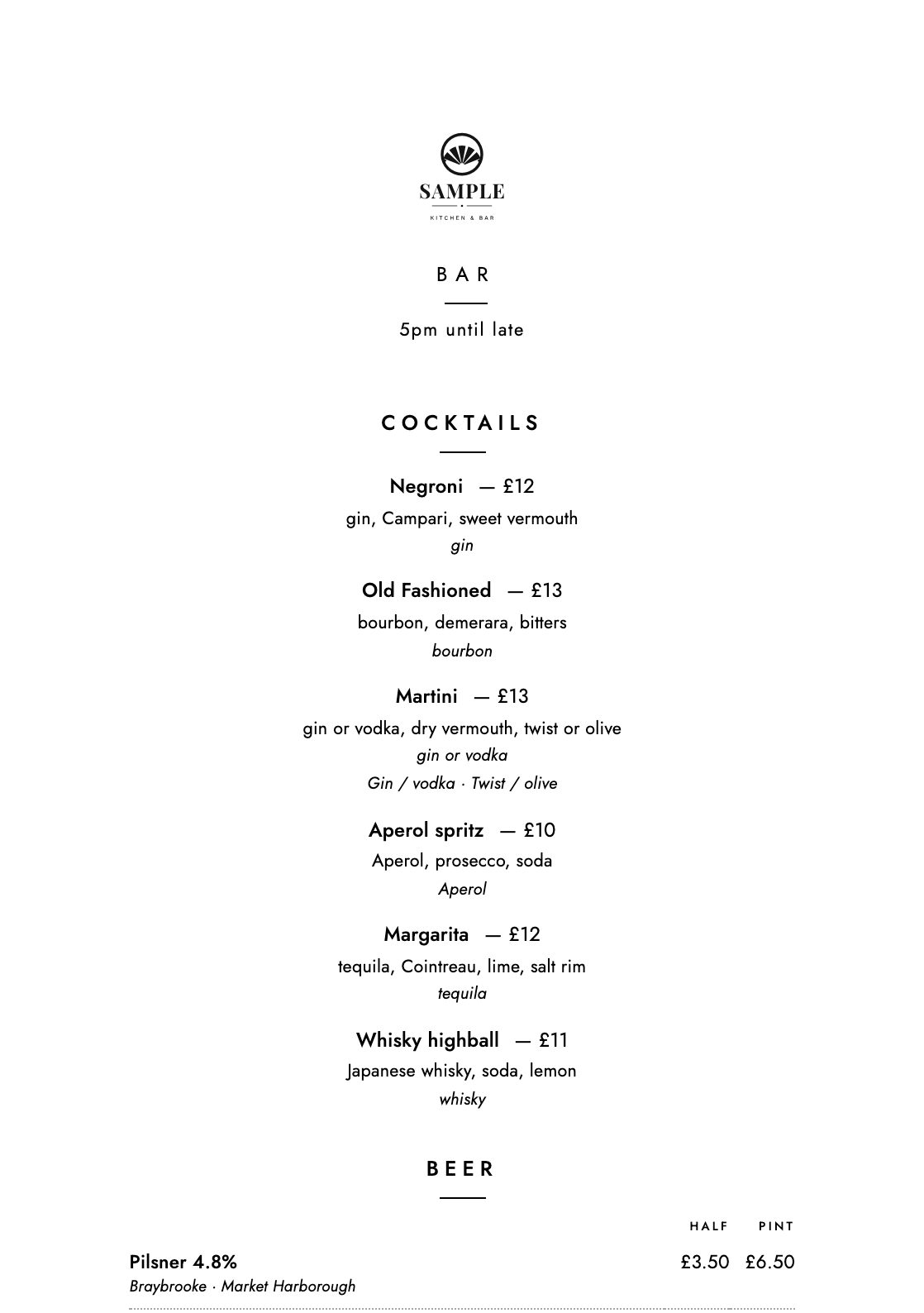 A bar menu set in the Verso template — centred geometric sans, prices behind a dash